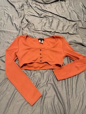 JLUXLABEL Orange Ribbed Long Sleeve Cropped Henley Top